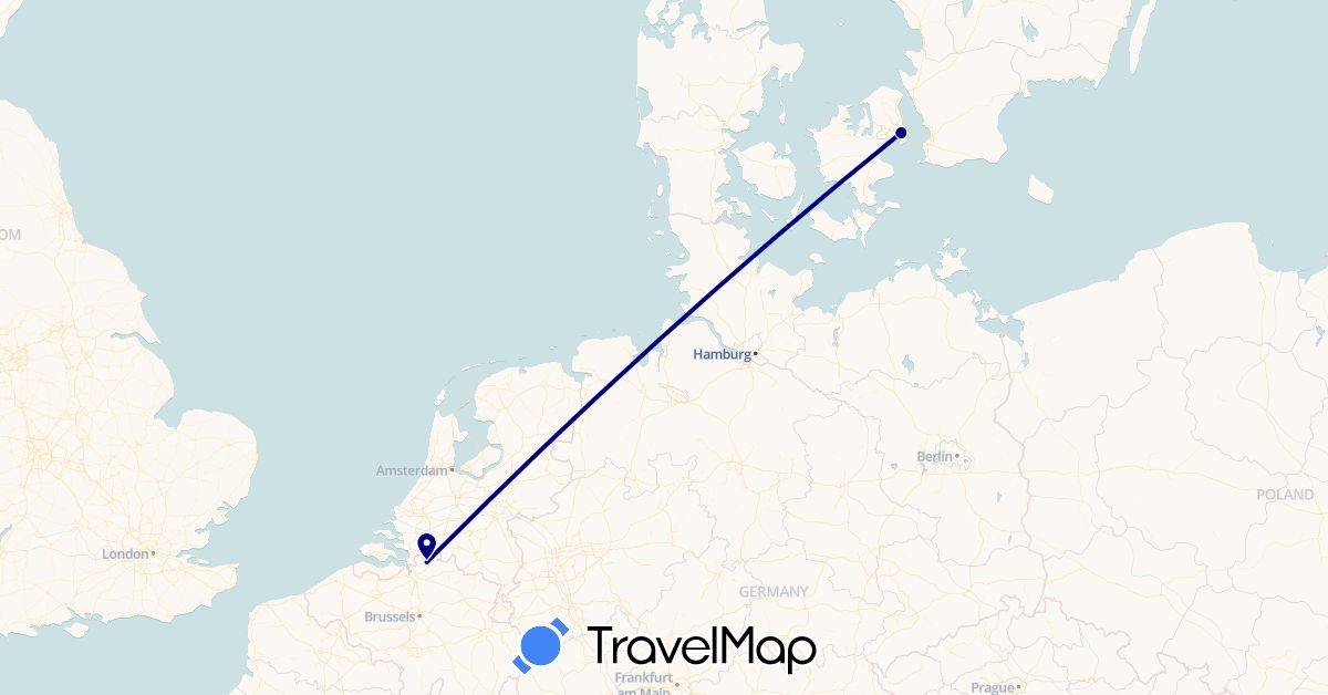 TravelMap itinerary: driving in Belgium, Denmark (Europe)
